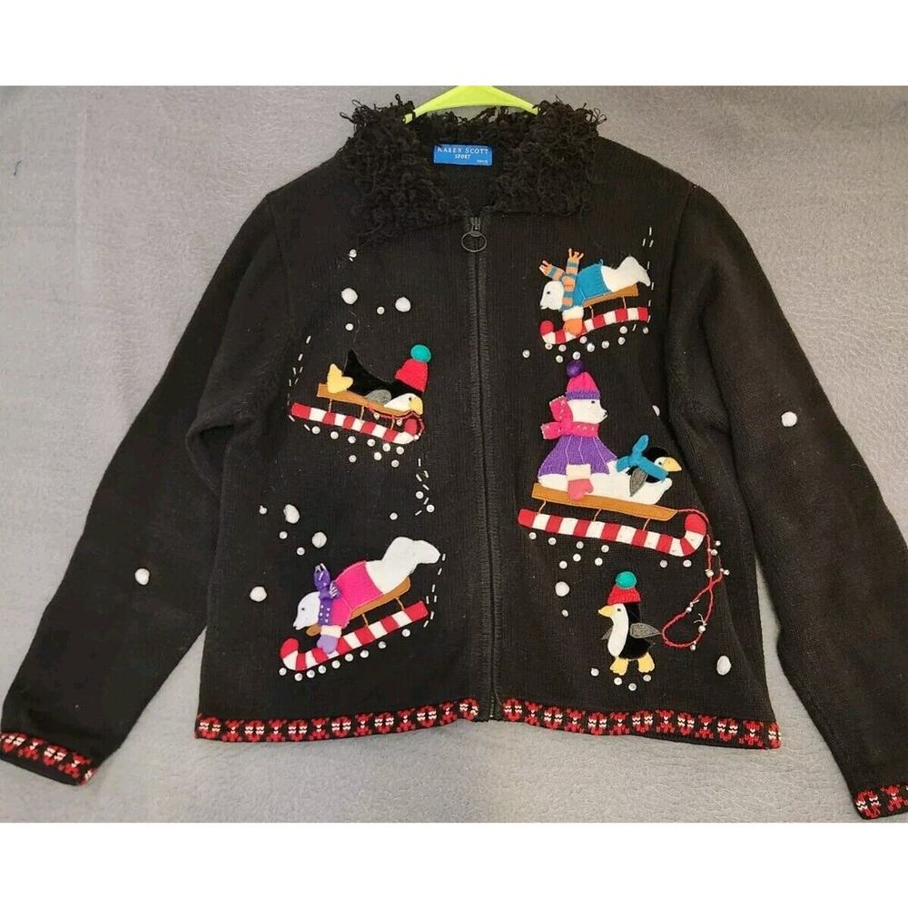 Karen Scott Ugly Christmas Sweater Black Polar Bears‎ Penguins Zip Front Size LP